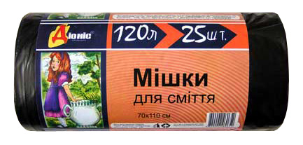 ДІОНІС Мішки для сміття, 120 л., ЧОРНІ, 25 шт., 28 мкм